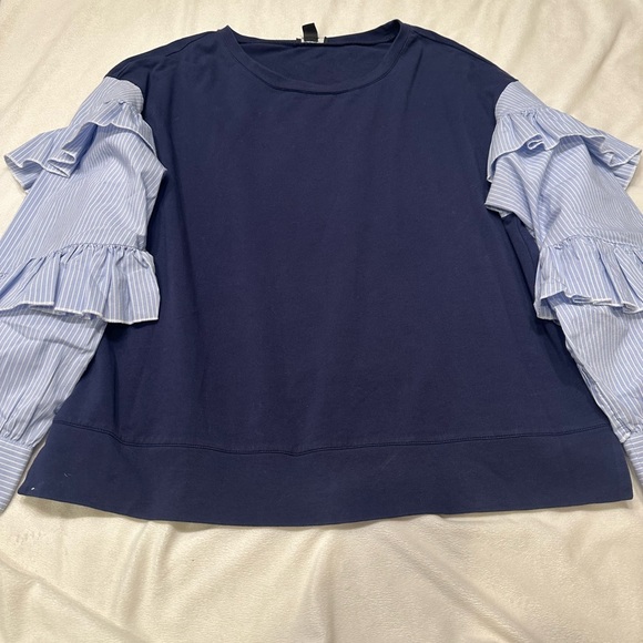 Halogen Dark Blue Sweatshirt with Striped Ruffle Sleeves - Picture 8 of 9